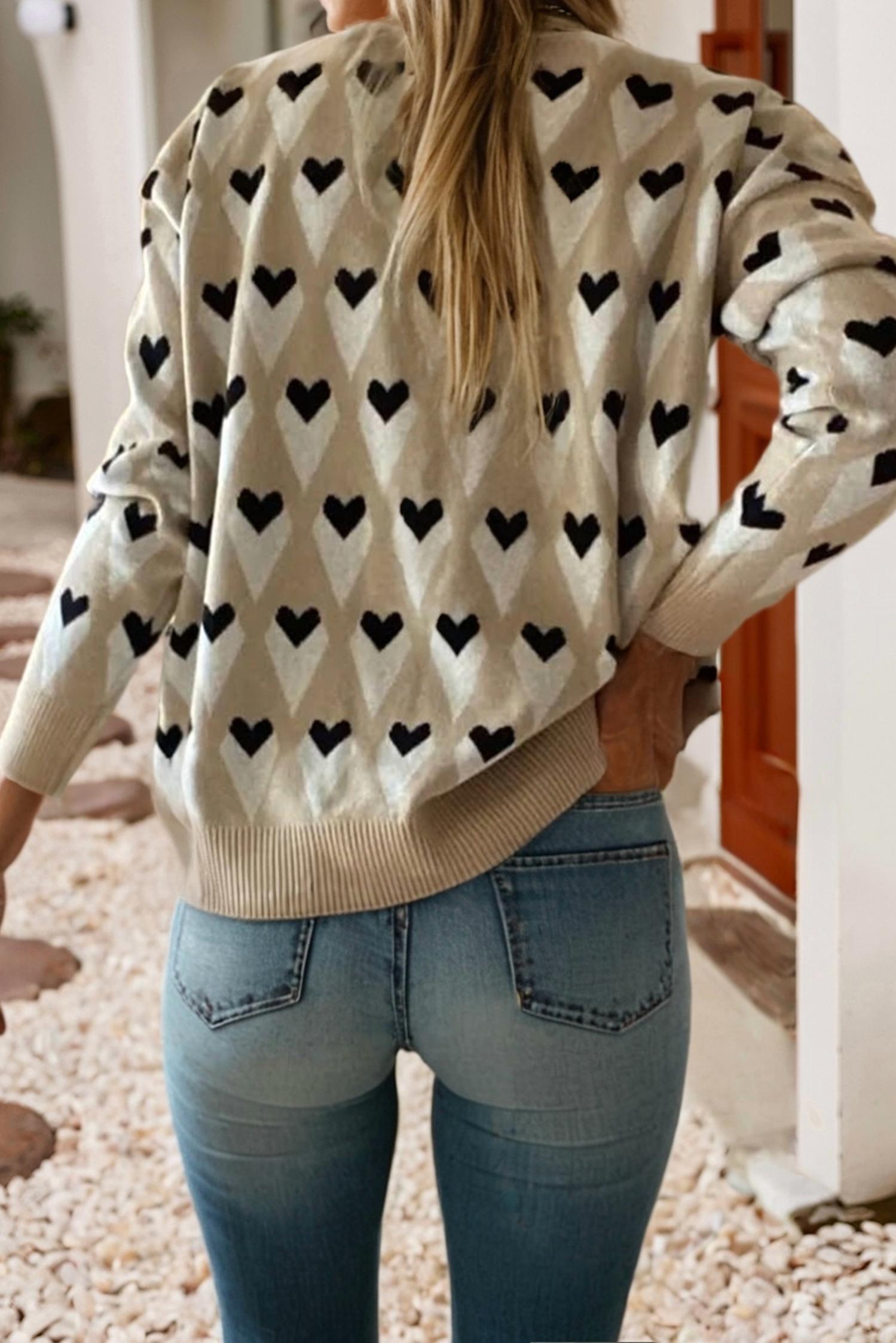 Little Daisy Closet - Geometric Heart Print Ribbed Trim Loose Sweater