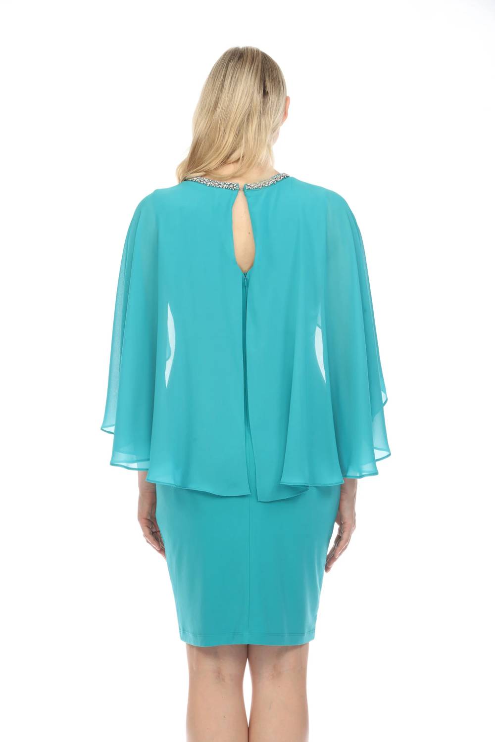Joseph Ribkoff - Rhinestone Embellished Chiffon Cape Sheath Dress