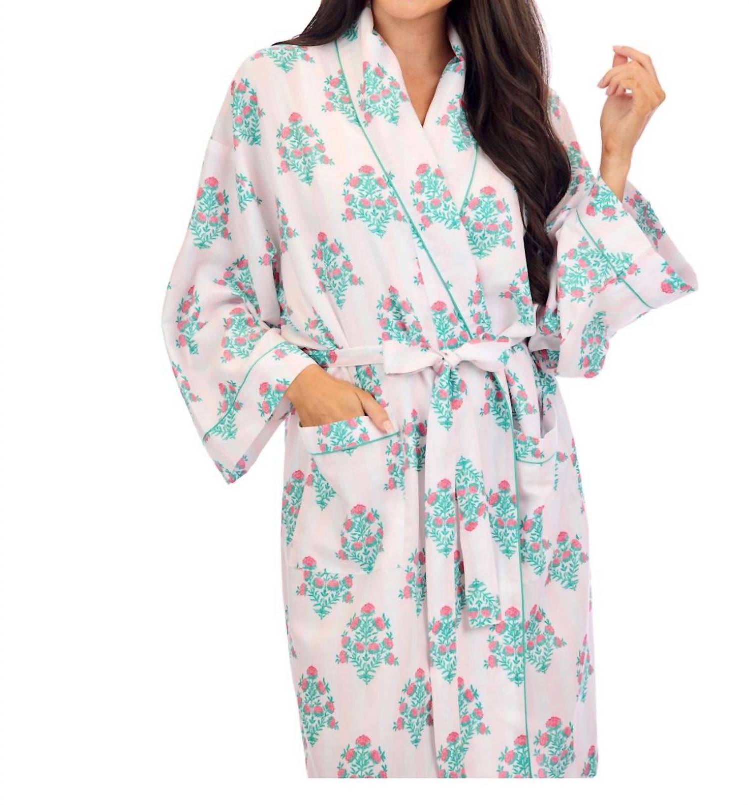 mudpie DAHLIA BLOCK PRINT ROBE in beige - women's intimate - alternate view