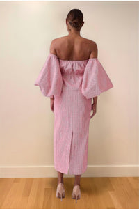 Rosie Assoulin Balloon Sleeve Midi Dress in red gingham - women's dress - detail view