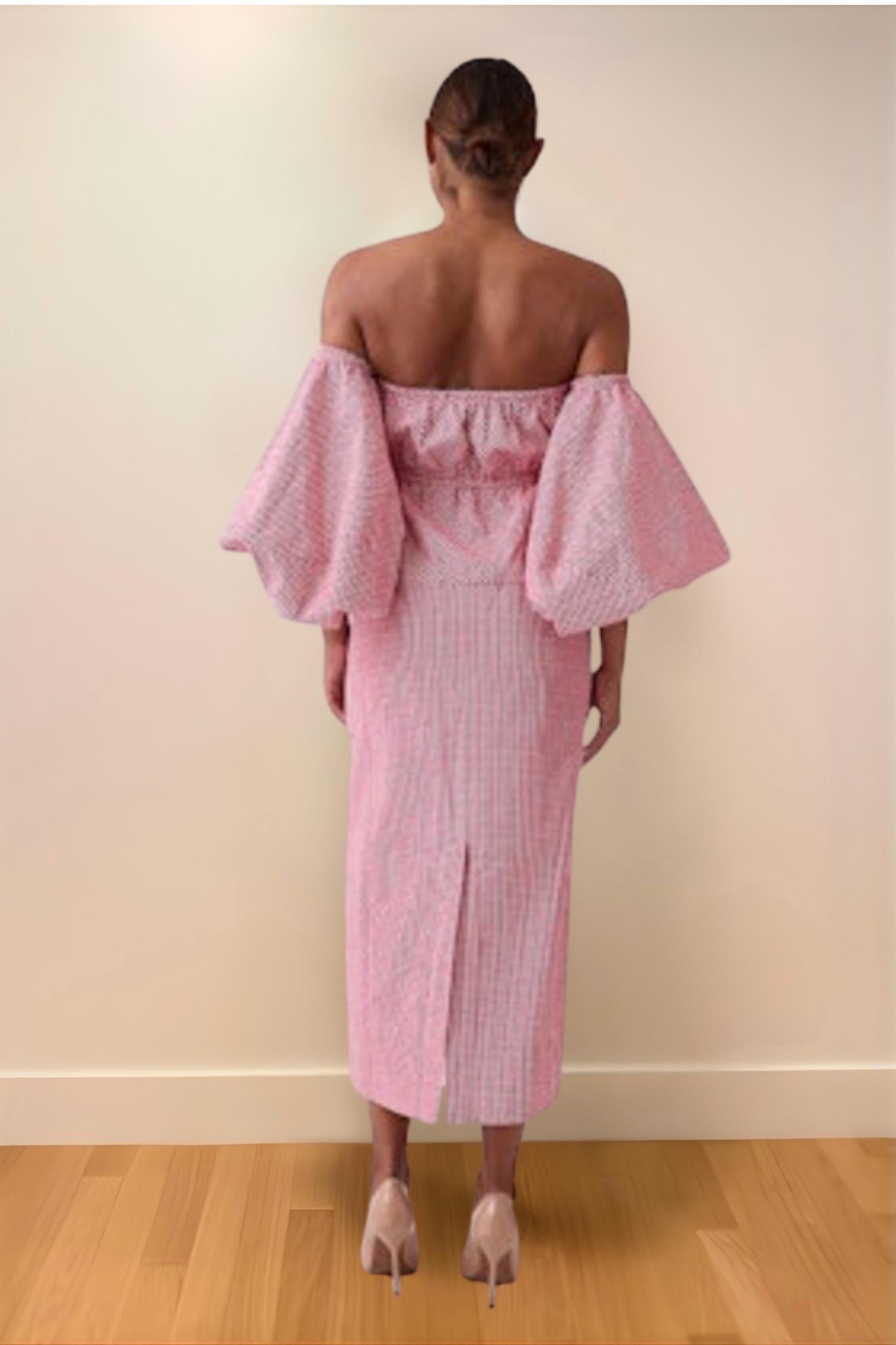 Rosie Assoulin Balloon Sleeve Midi Dress in red gingham - women's dress - detail view