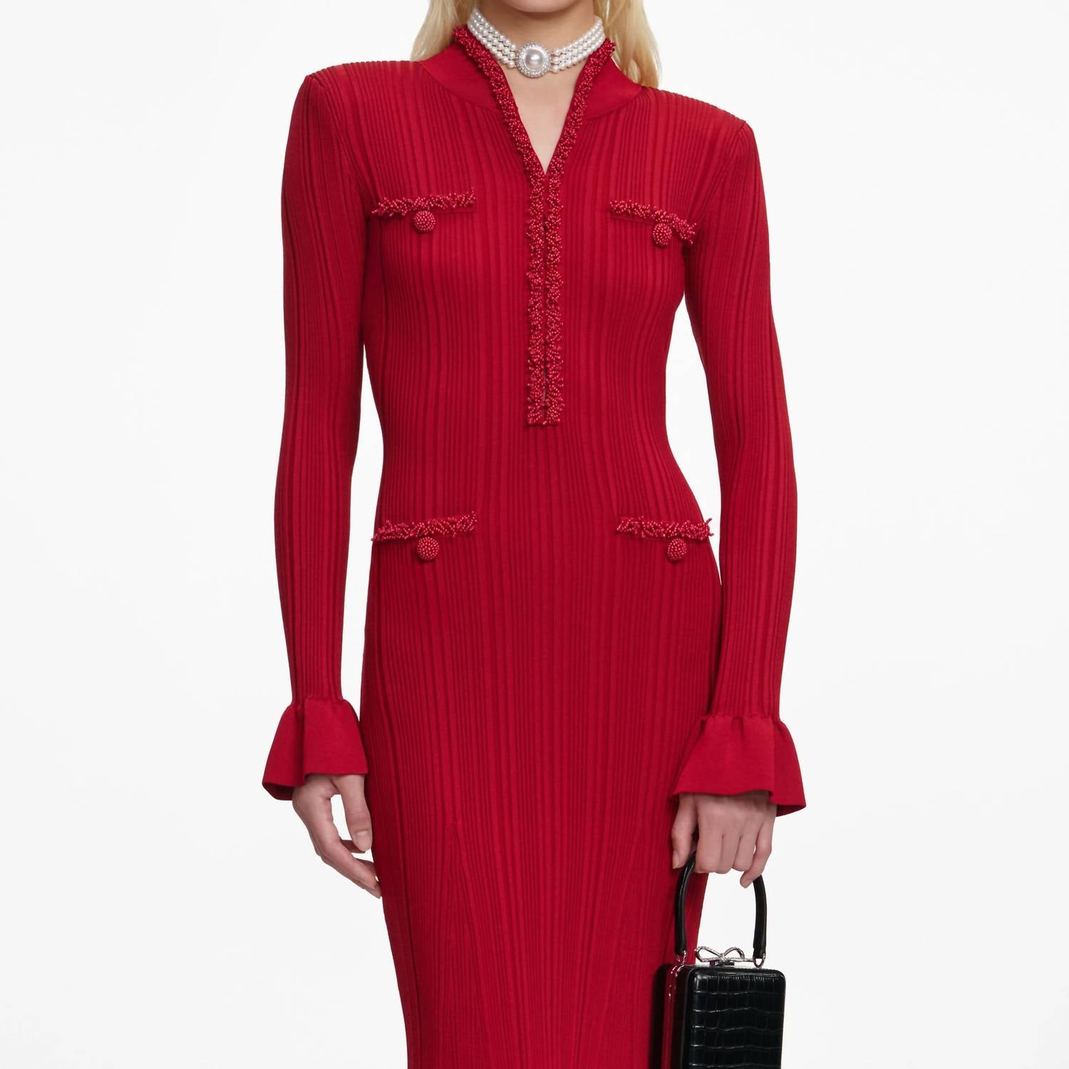 Self-Portrait - Pearl Trim Knit Midi Dress
