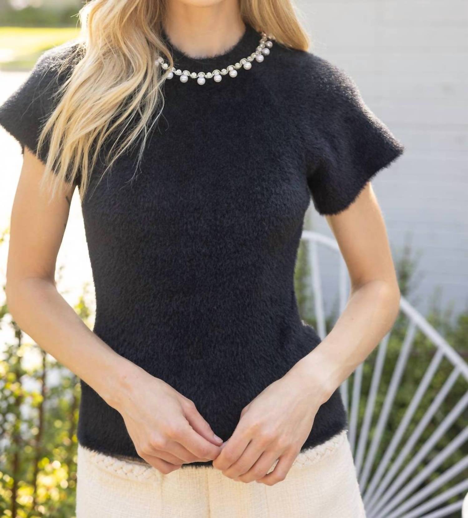 Voy - Pearl Neckline Short Sleeve Fur Knit Top