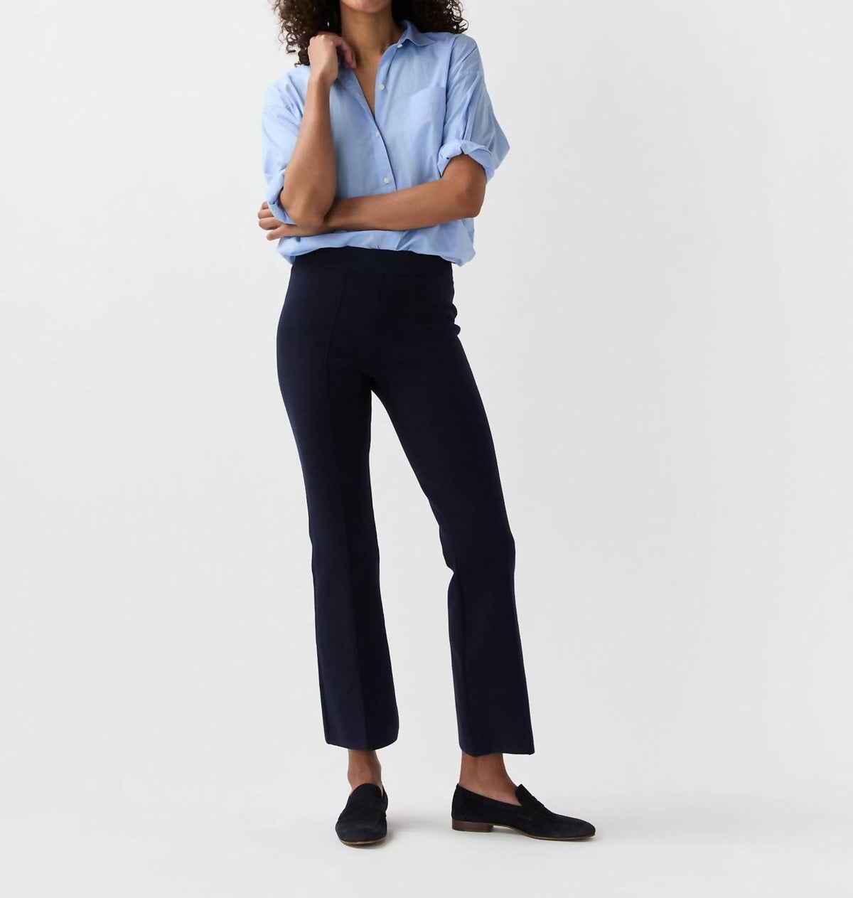Ann Mashburn Lara Knit Flare Cropped Pant in navy supima cotton - women's pants - detail view