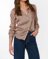 Velvet Heart Jasmine Long Sleeve Button Up Shirt in soft blush navy stripes - women's shirt - alternate view