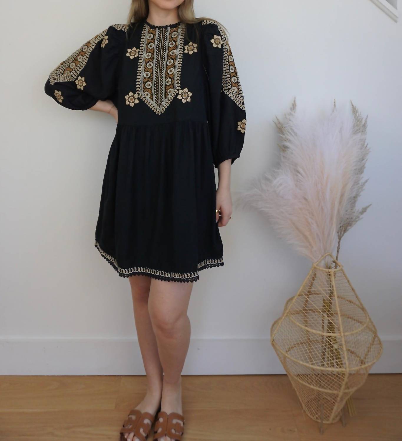 NIBI MTK Scout Mini Dress in black embroidered - women's dress - alternate view