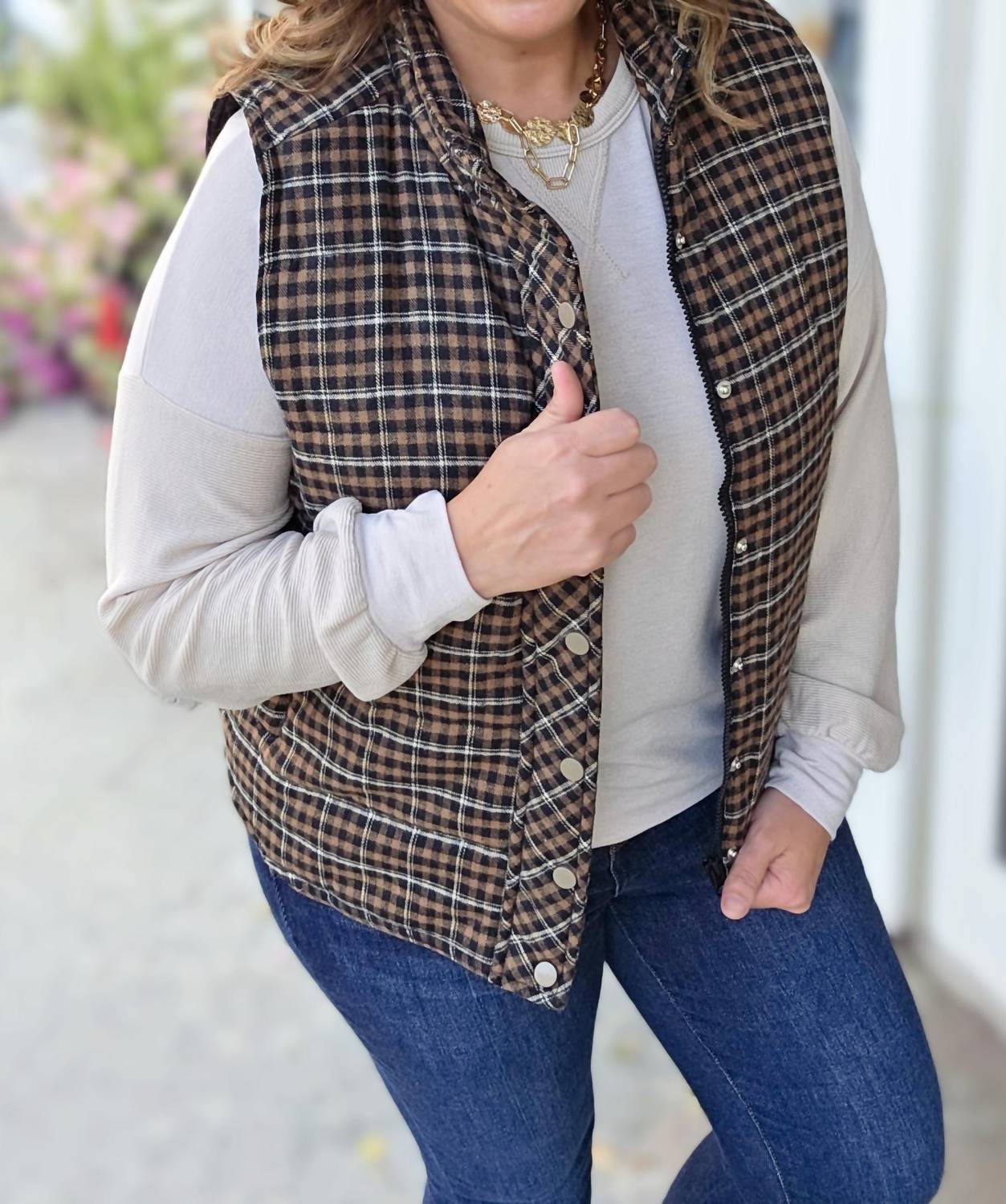 STACCATO Plaid Snap Zipper Vest in taupe black - women's jacket - detail view