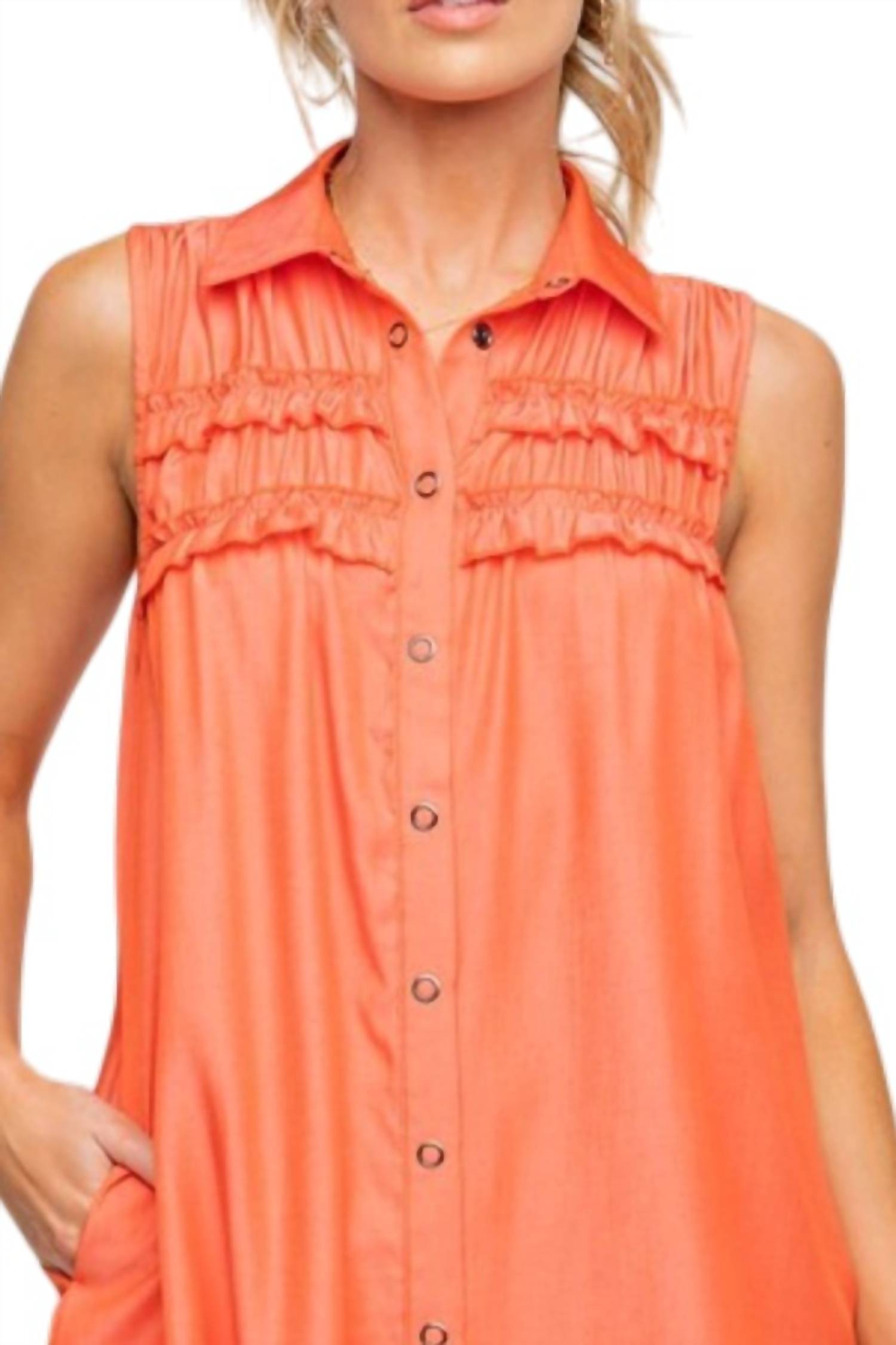 Easel Silky Challis Sleeveless Collared Dress - Plus in orange - women's dress - detail view