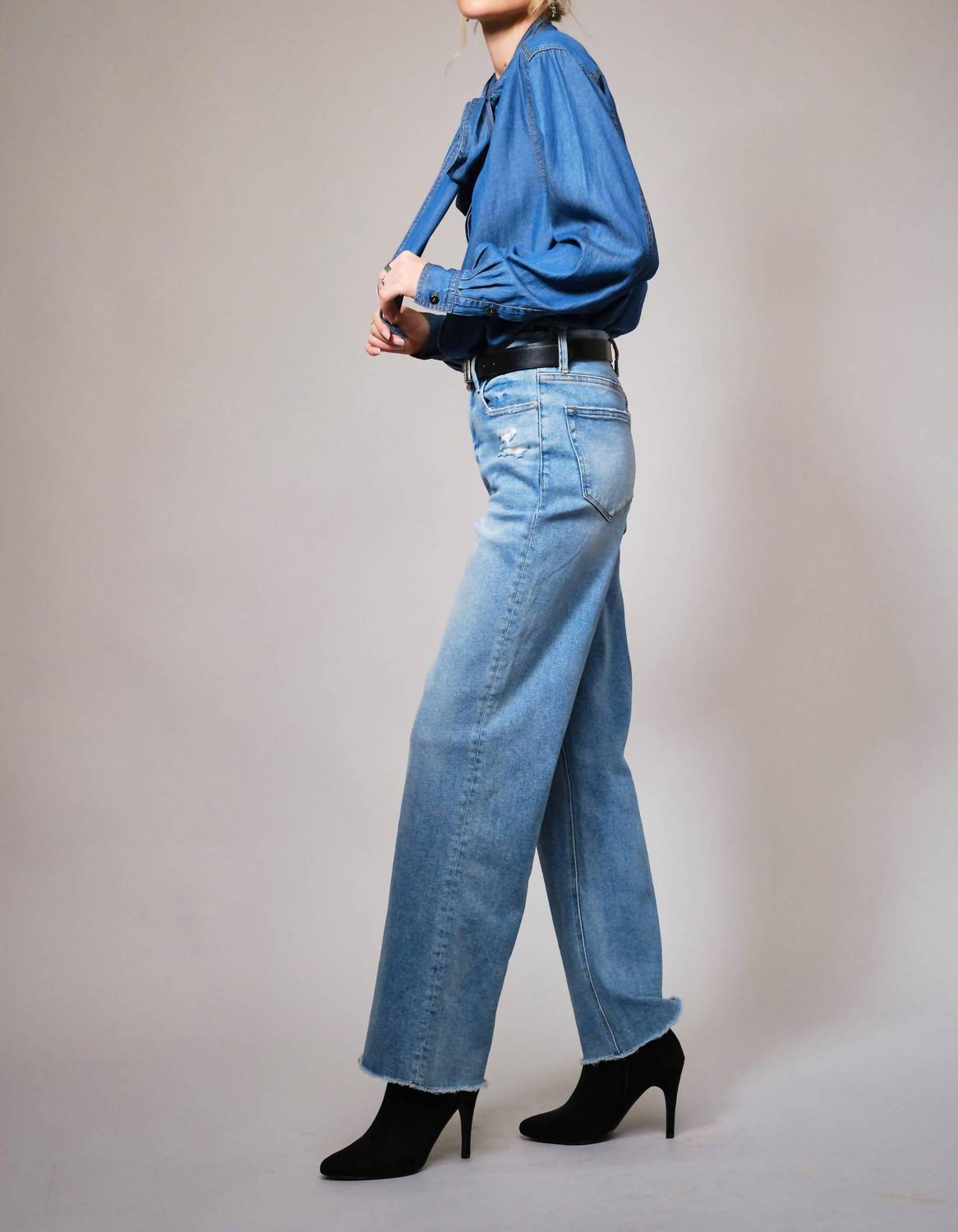 Blue B Tie Neck Hidden Button Chambray Blouse in blue - women's blouse - alternate view