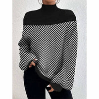 Plush Looks - Split Stripe Bottom High Neck Sweater