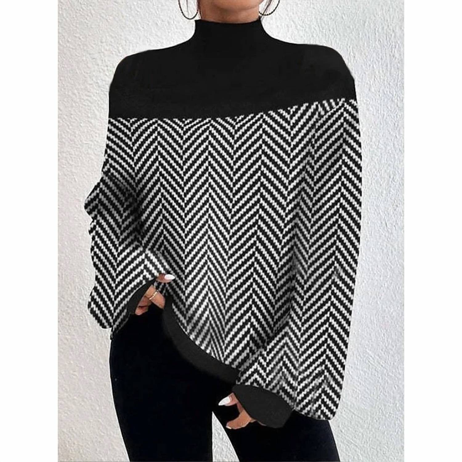 Plush Looks - Split Stripe Bottom High Neck Sweater