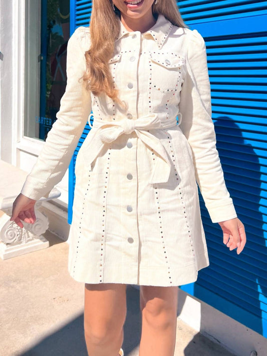 Peach Love - Corduroy Rhinestone Belted Dress