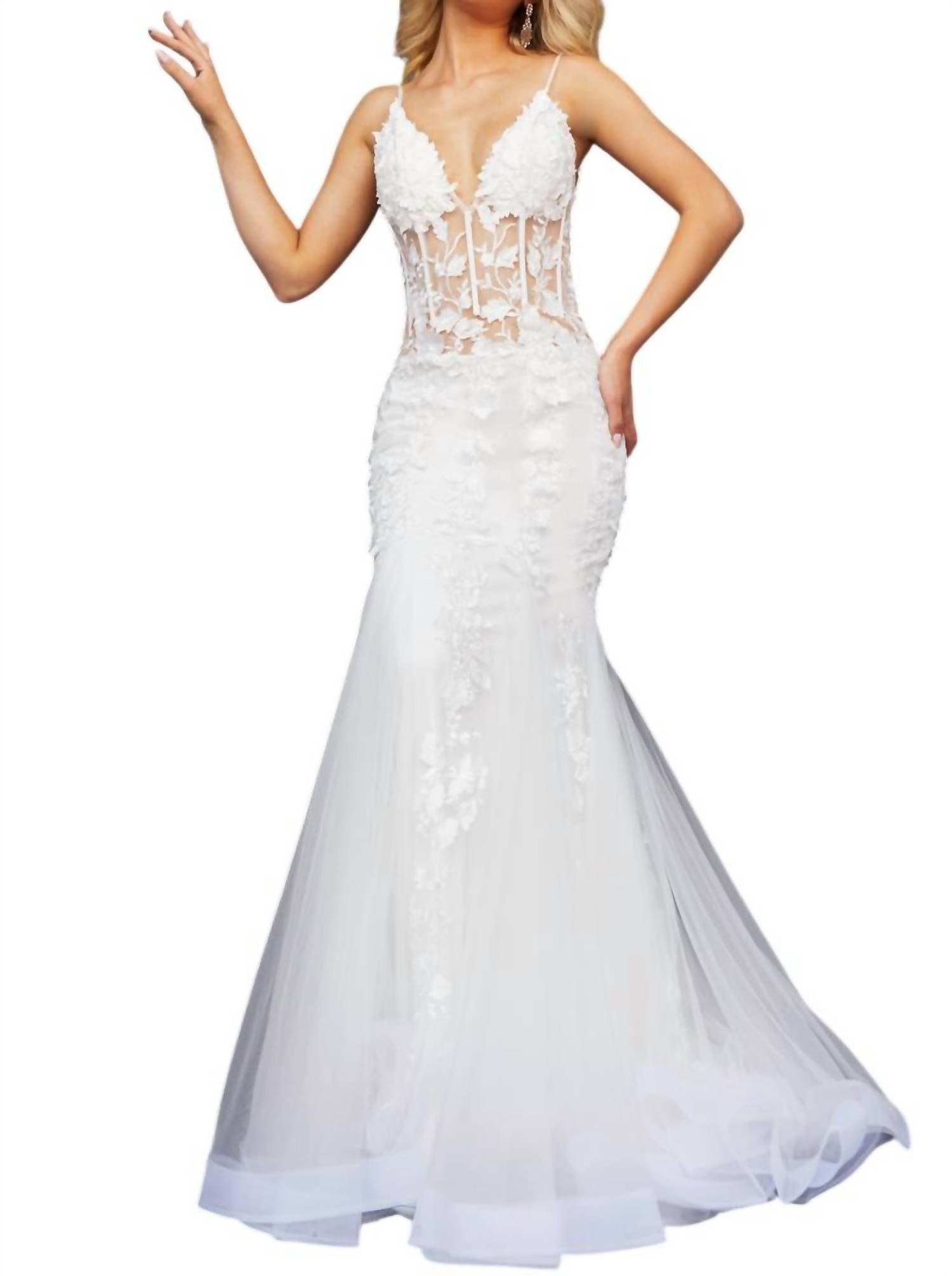 Jovani - Floral Appliques Corset Bodice Tulle Trumpet Gown
