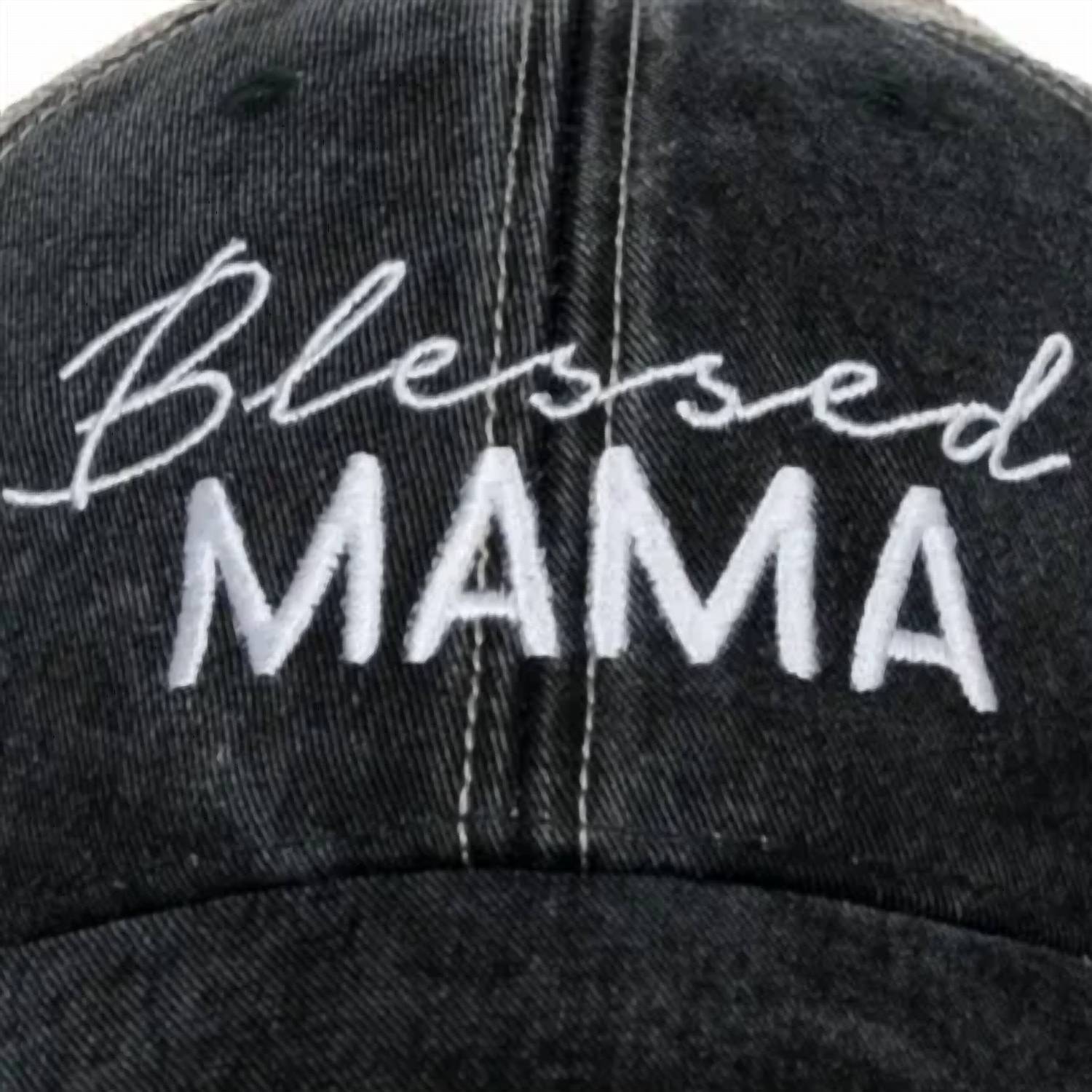 Katydid - Women's Blessed Mama Script Embroidered Distressed Trucker Hat