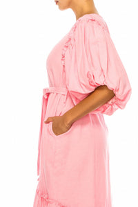 Vivid - Short Puff Sleeve Belted Tiered Skirt Dress