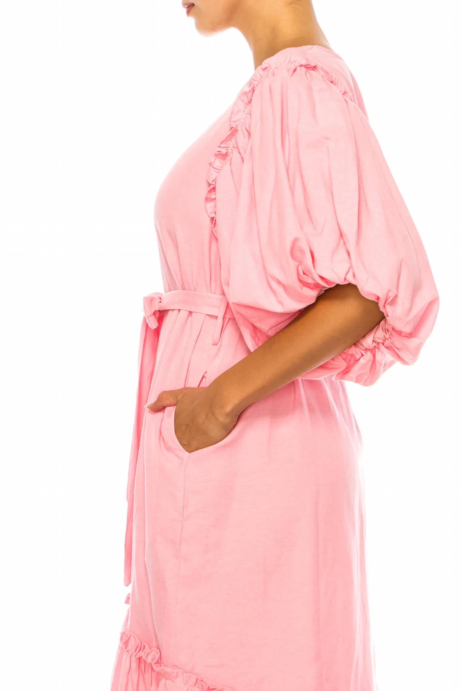 Vivid - Short Puff Sleeve Belted Tiered Skirt Dress