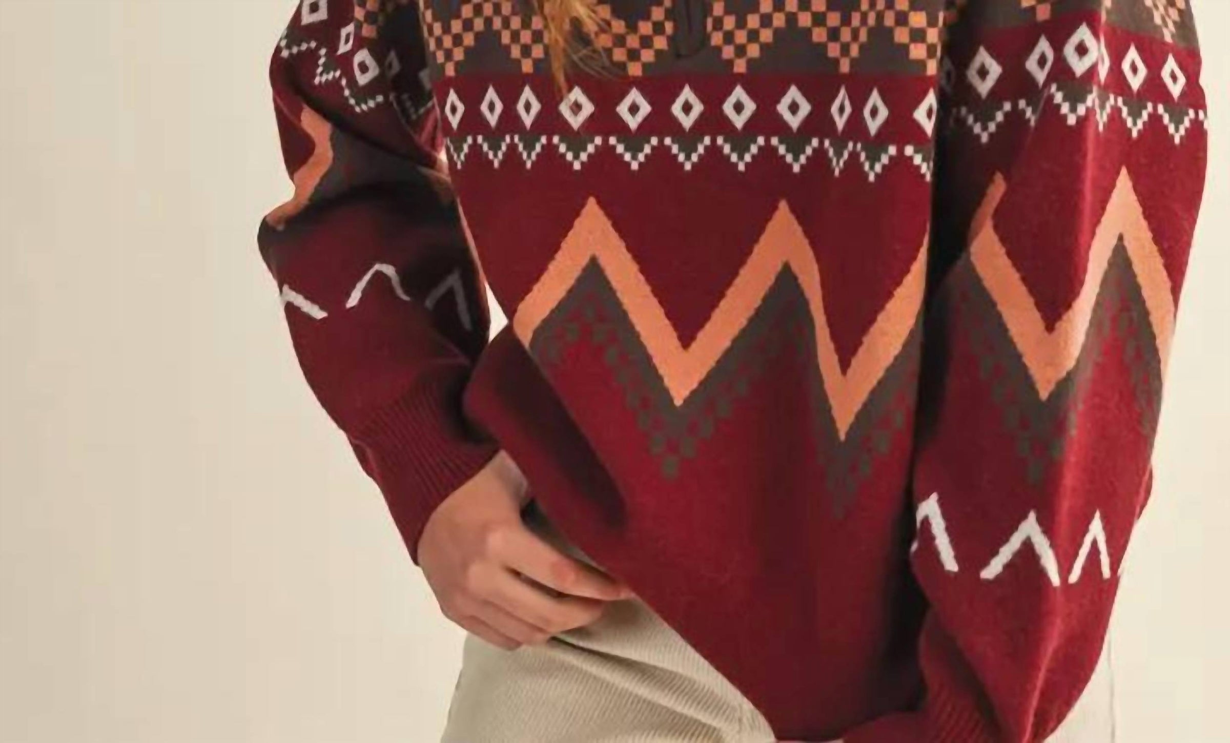 &Merci - Geometric Knit Mock Neck Half Zip Pullover Sweater