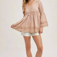 Bluivy - Lace Trimmed Bell Sleeve V-neck Blouse
