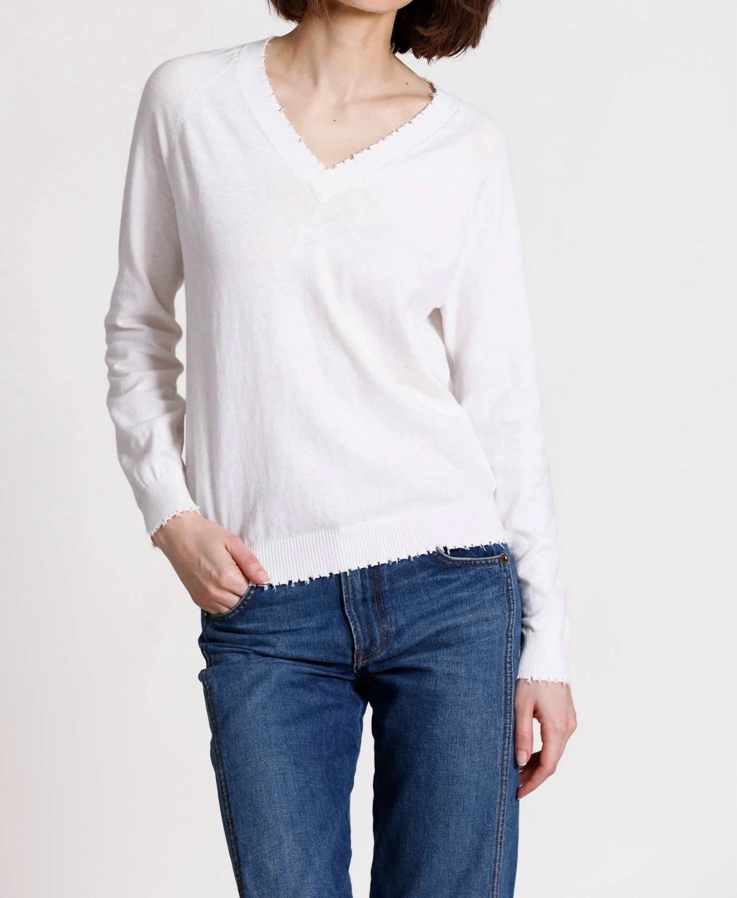 Minnie Rose - Cashmere Frayed Edge V Neck Sweater