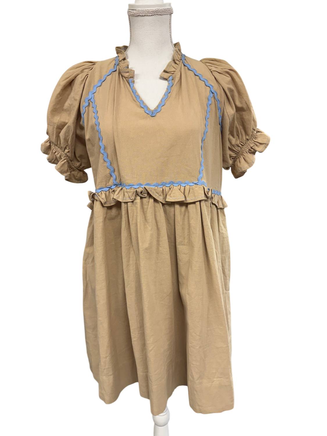 Entro - Women's V Neck Puff Sleeve Short Dress With Trim