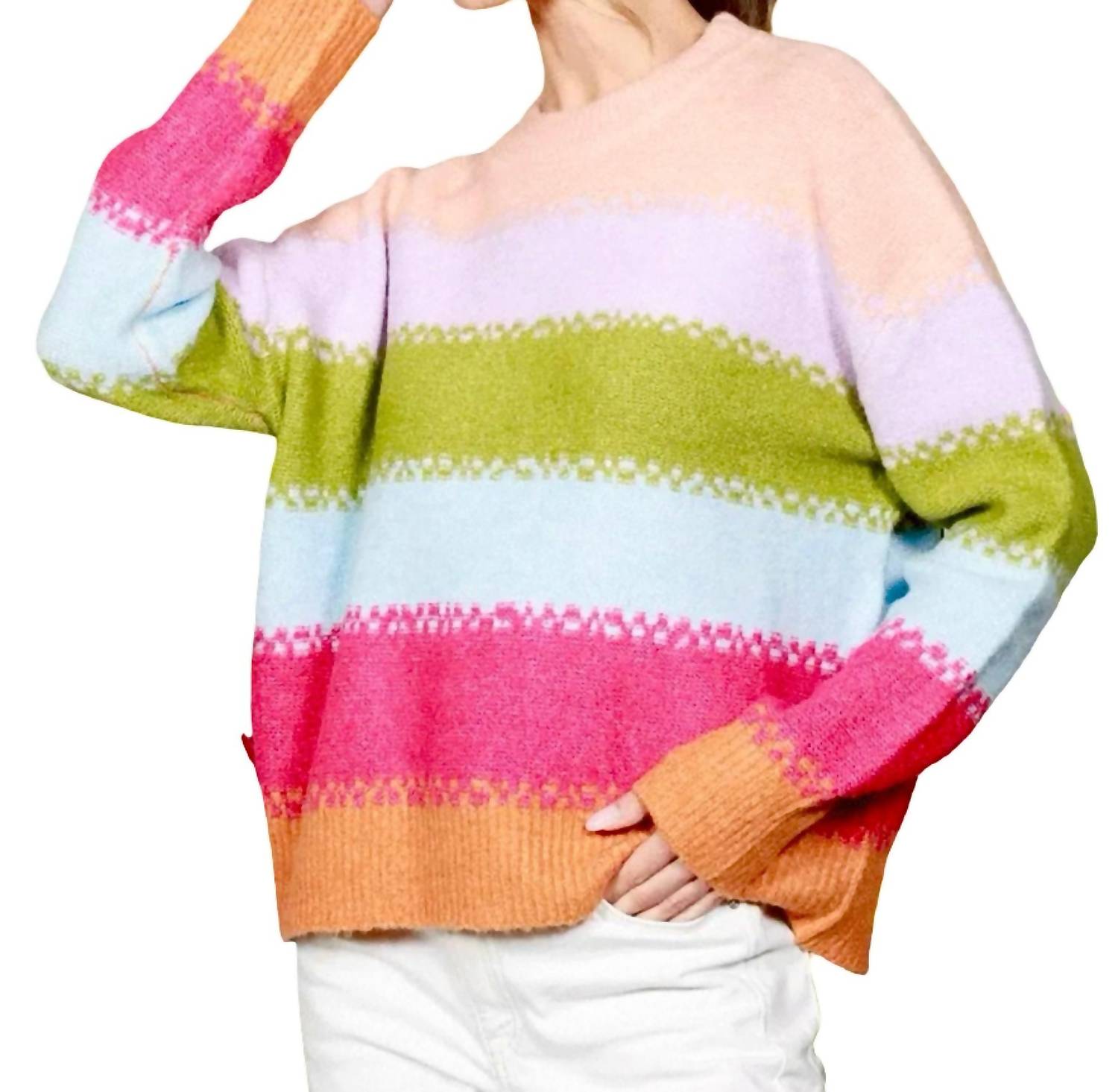 Vine & Love - Crew Neck Stripe Knit Sweater