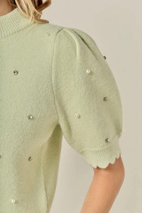 English Factory - Women's Scalloped Puff Sleeve Embellishment Knit Top