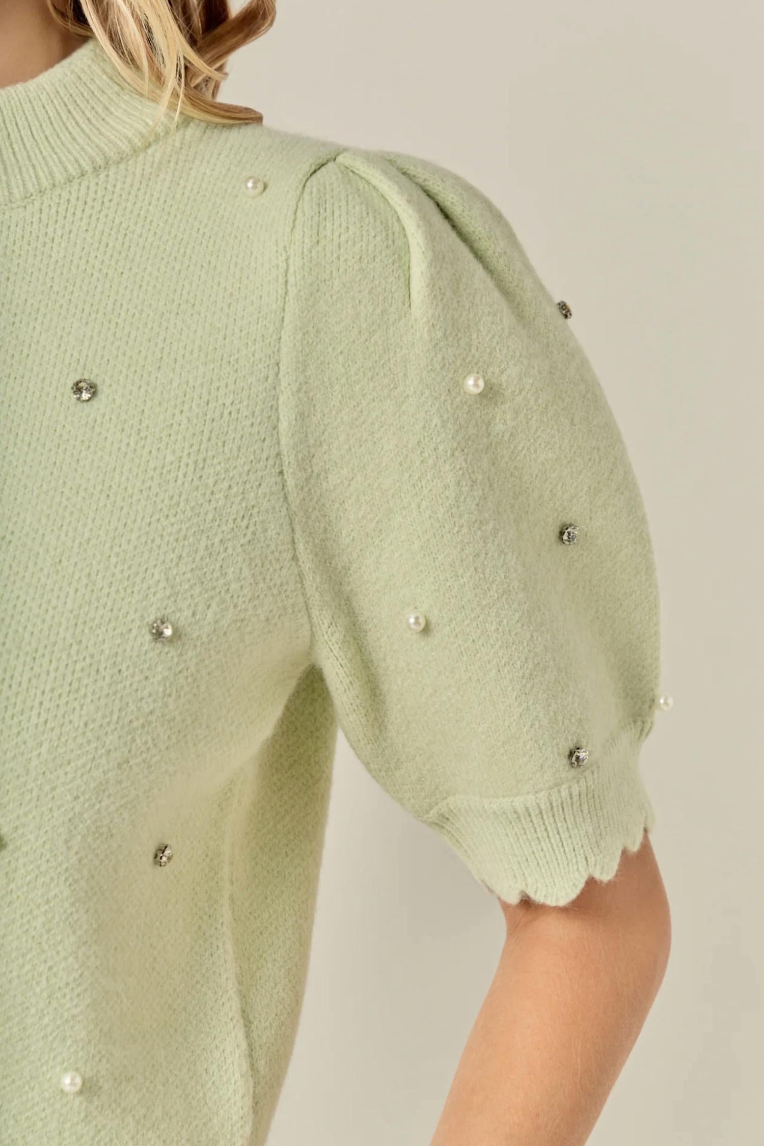 English Factory - Women's Scalloped Puff Sleeve Embellishment Knit Top