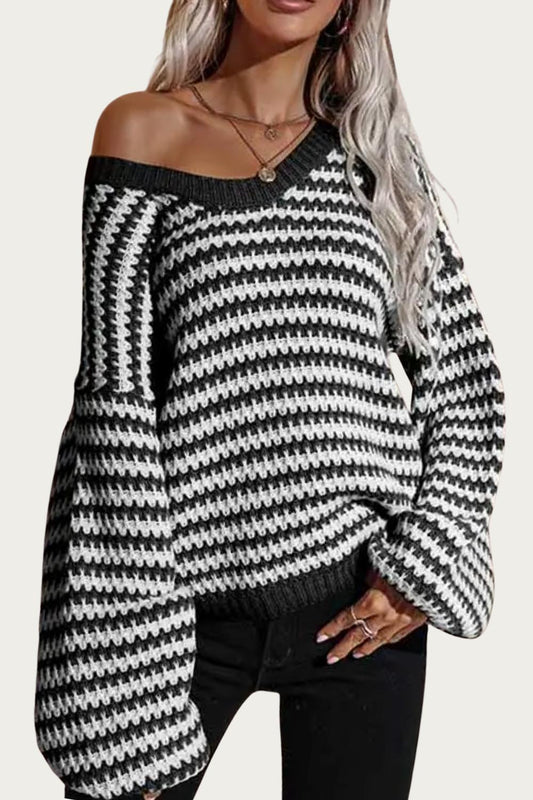 STRIPED V-NECK KNIT SWEATER