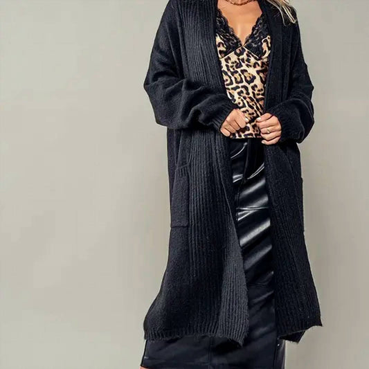 Faire - Textured Soft Ribbed Knit Long Open Cardigan with Front Pockets ONE SIZEwith Front Pockets