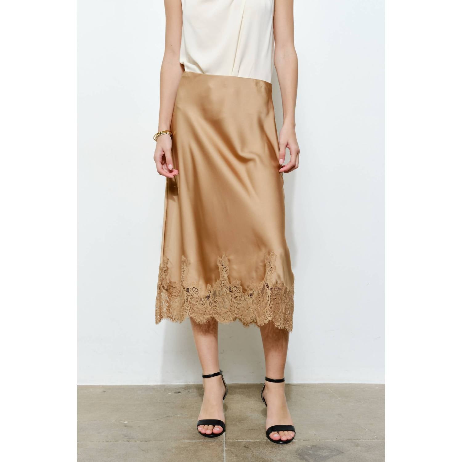 INA Fashion Classic Silky With Lace Hem Midi Skirt in gold - women's skirt