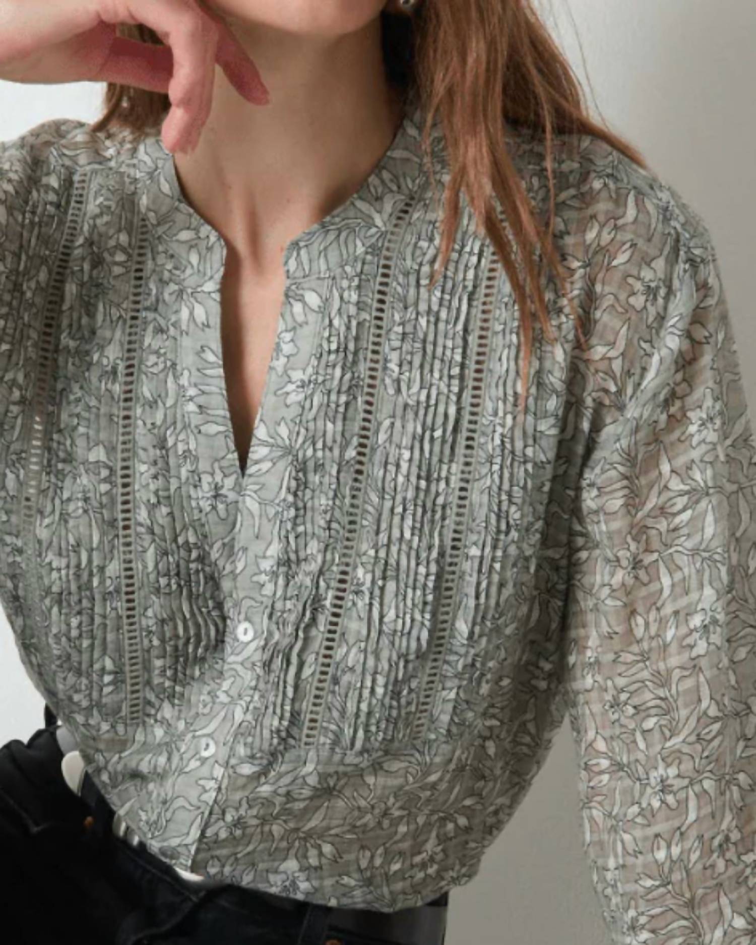 Nation LTD Vella Pintucked Top in silver - women's blouse - detail view