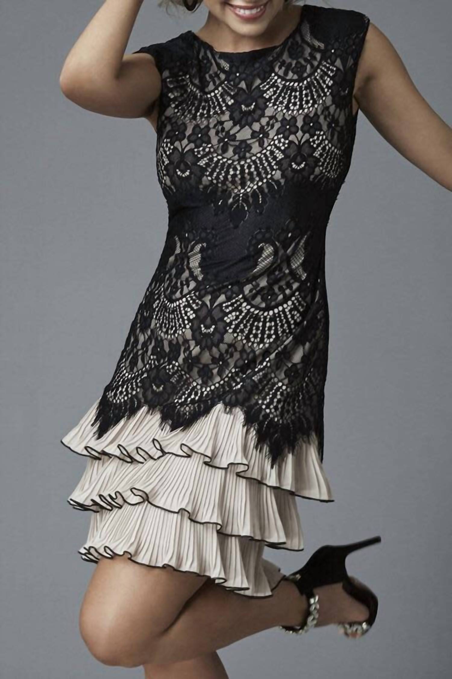 Frank Lyman - Champagne and Black Lace Overlay Evening Dress