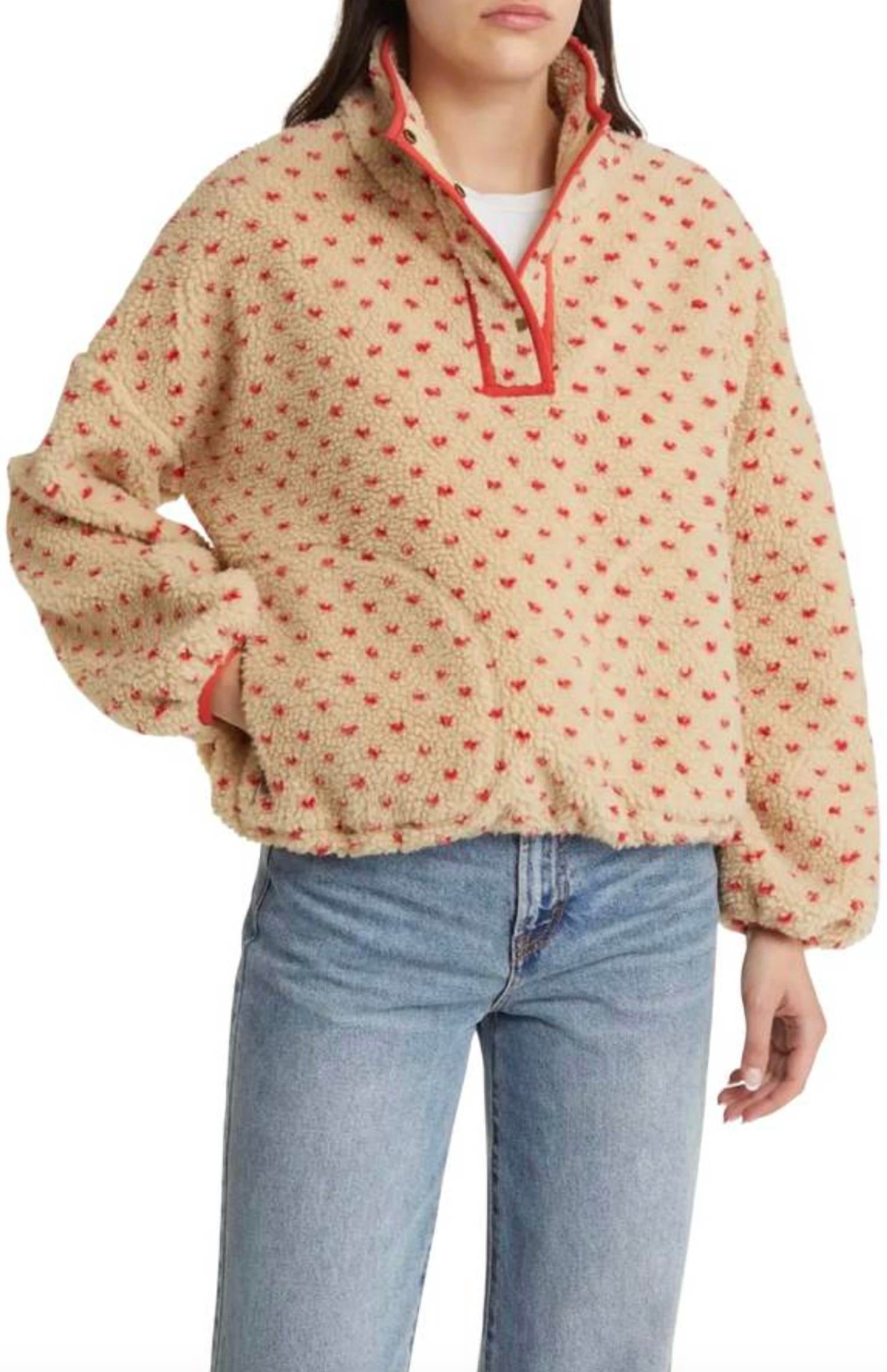 WISHLIST Haley Heart Sherpa Fleece Pullover Sweater in oat red - women's jacket