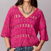 TRU LUXE Crochet Popover Top in magenta - women's sweater