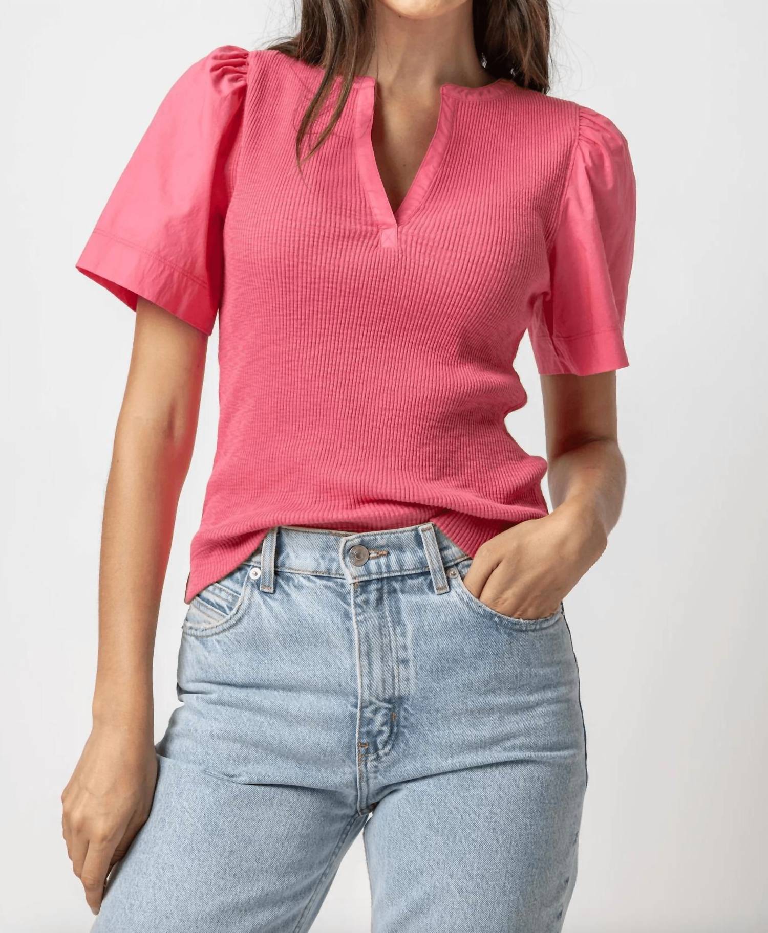 Lilla P - Woven Sleeve Split Neck Top