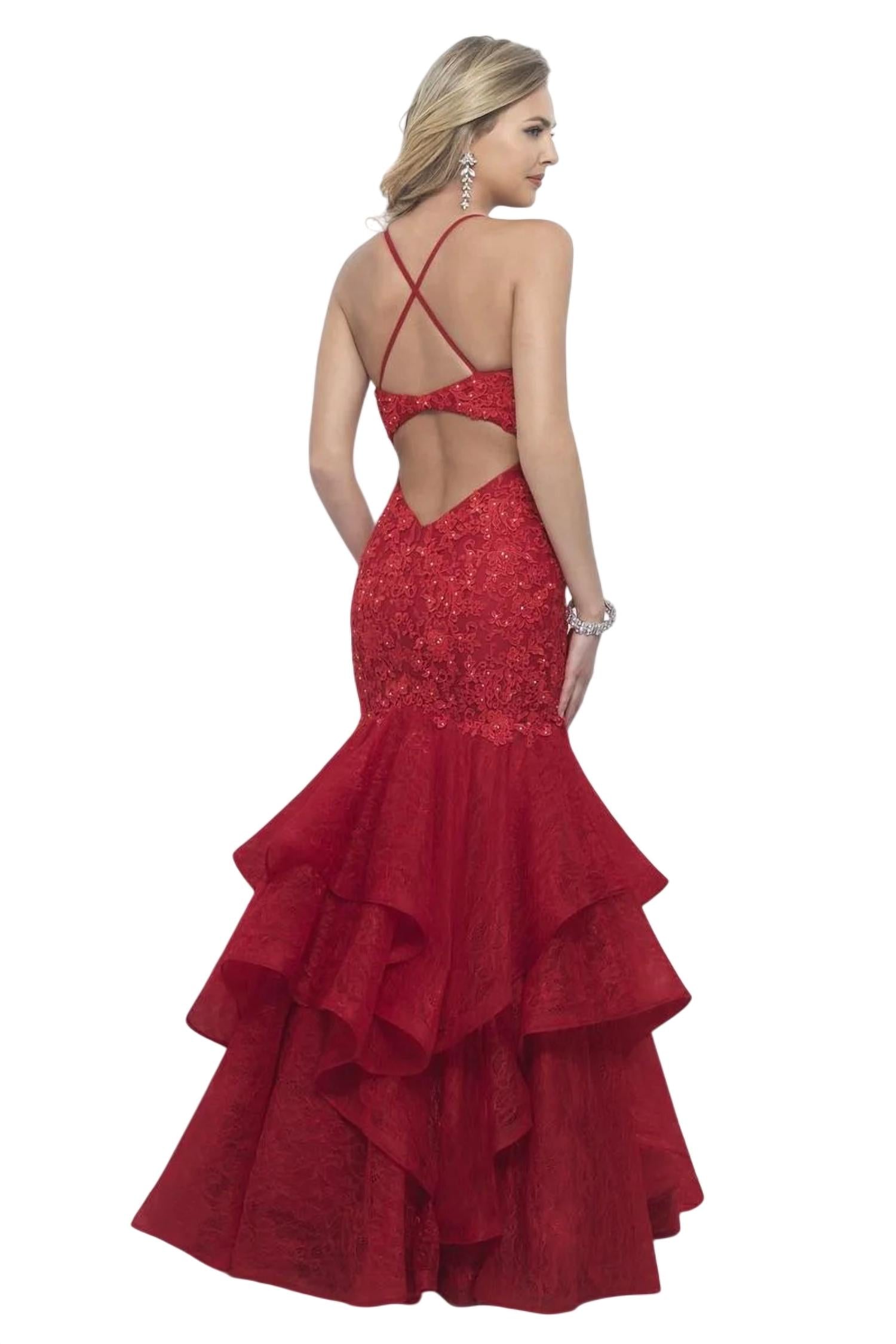 Blush Prom - Lace Bodice Ruffled Mermaid Gown