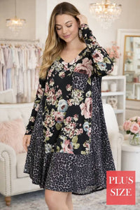 White Birch - Floral & Cheetah Trim Dress - Plus