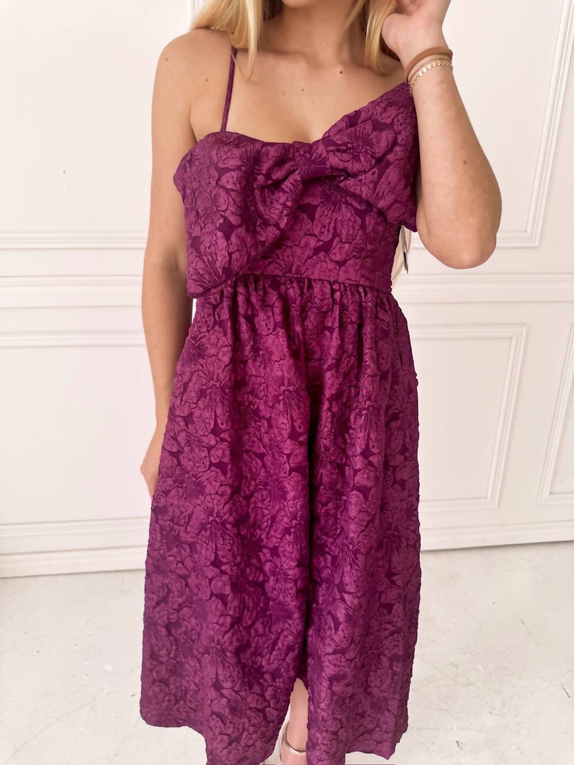 Meet Me in Santorini Jacquard Bow Midi Dress in santorini jacquard bow midi dress in violet - women's dress - detail view