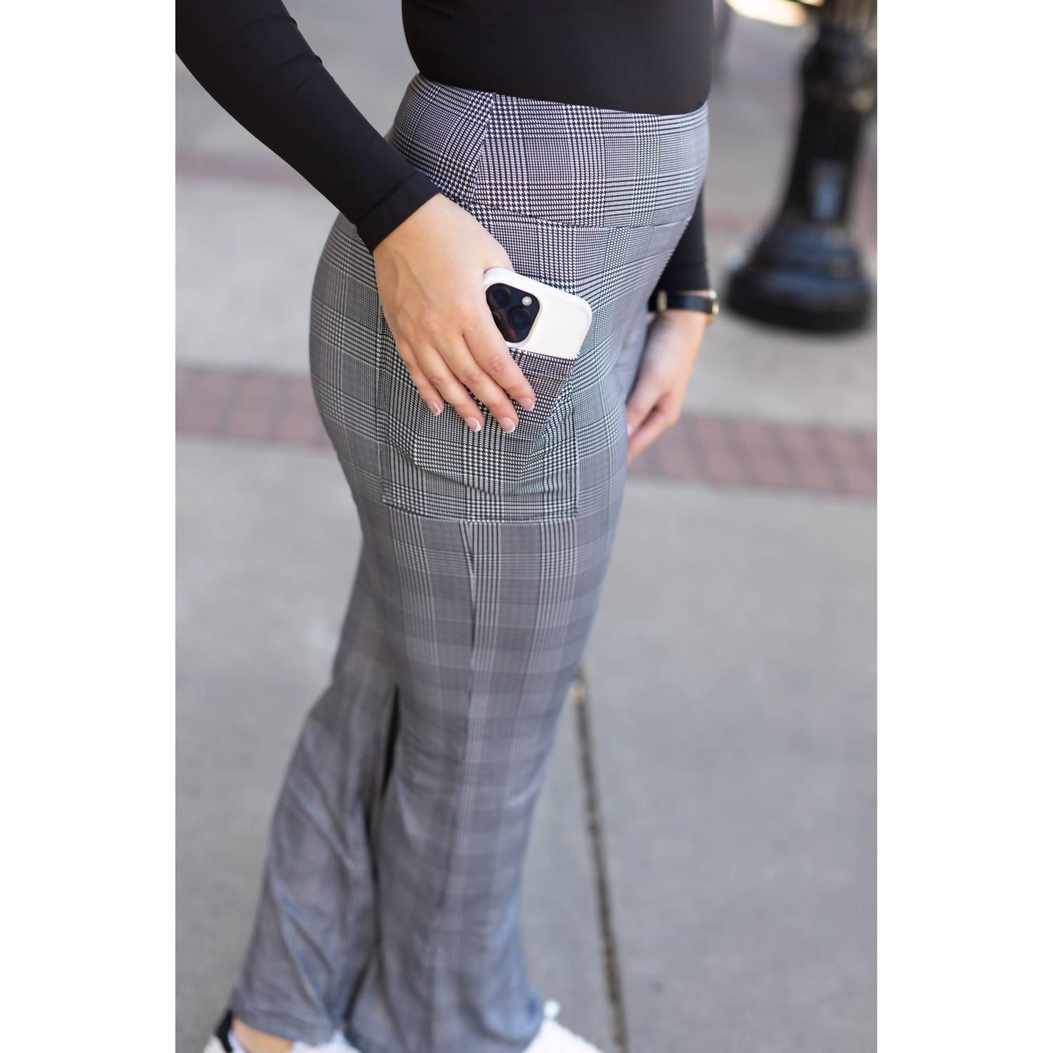 Julia Rose Felicity Plaid Bootcut Leggings - 30" in grey - women's pants - detail view