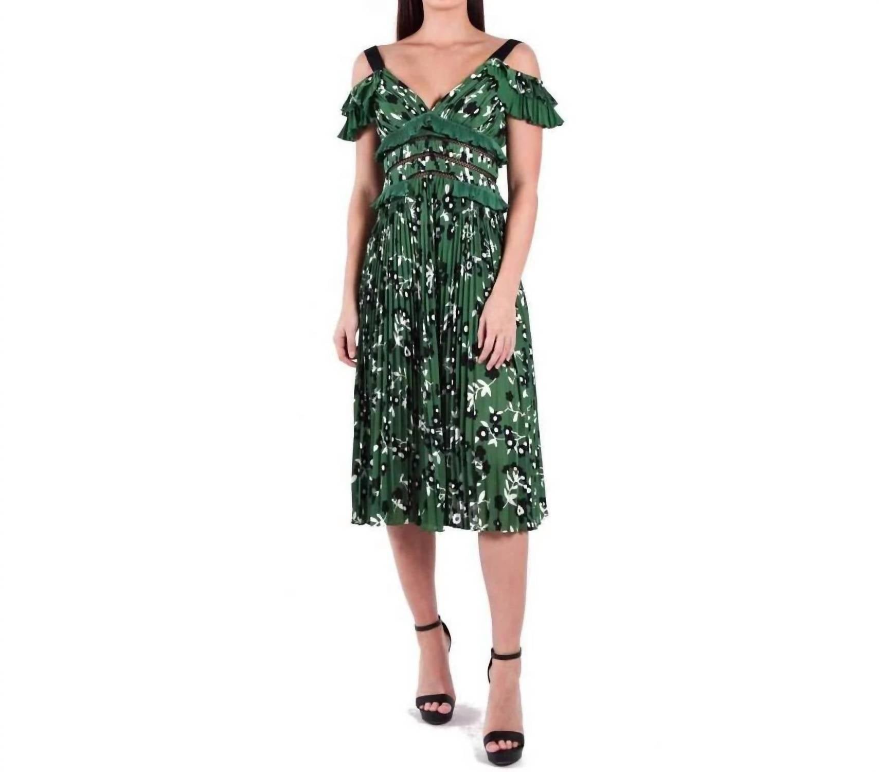 Self-Portrait - Pre-loved Cold Shoulder Lace Trimmed Plisse Crepe Midi Dress