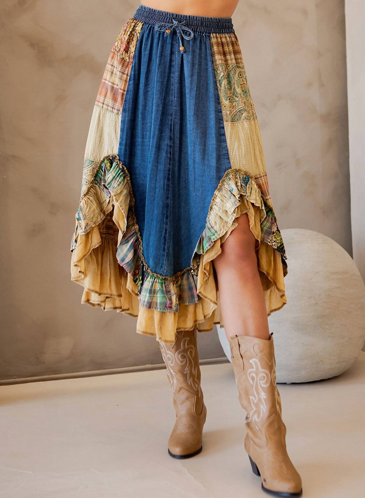 Young Threads - Vintage Boho Patch Ruffled Midi Skirt