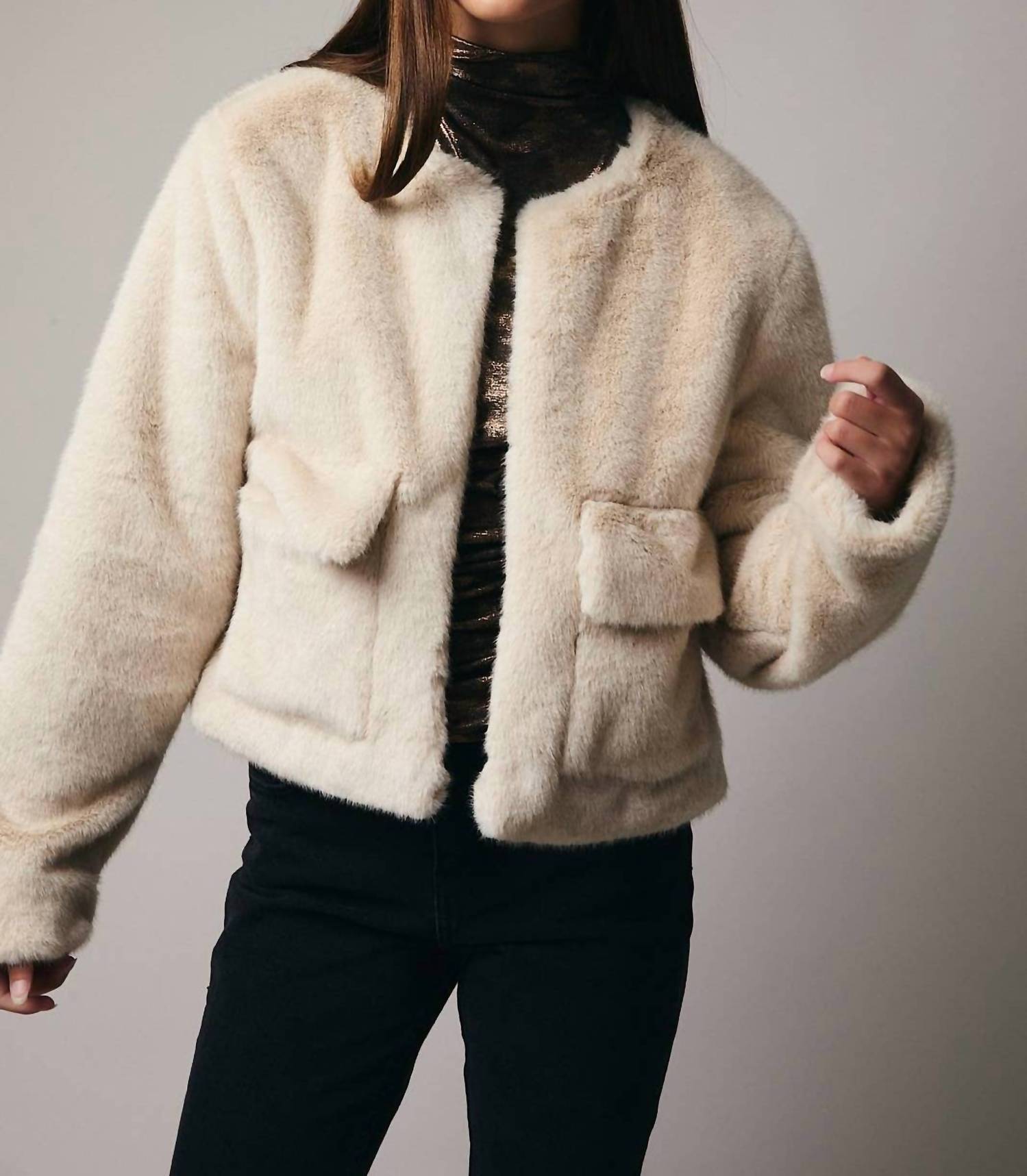 Sunday Edition Cropped Long Sleeve Fur Coat in beige - women's jacket - view 4