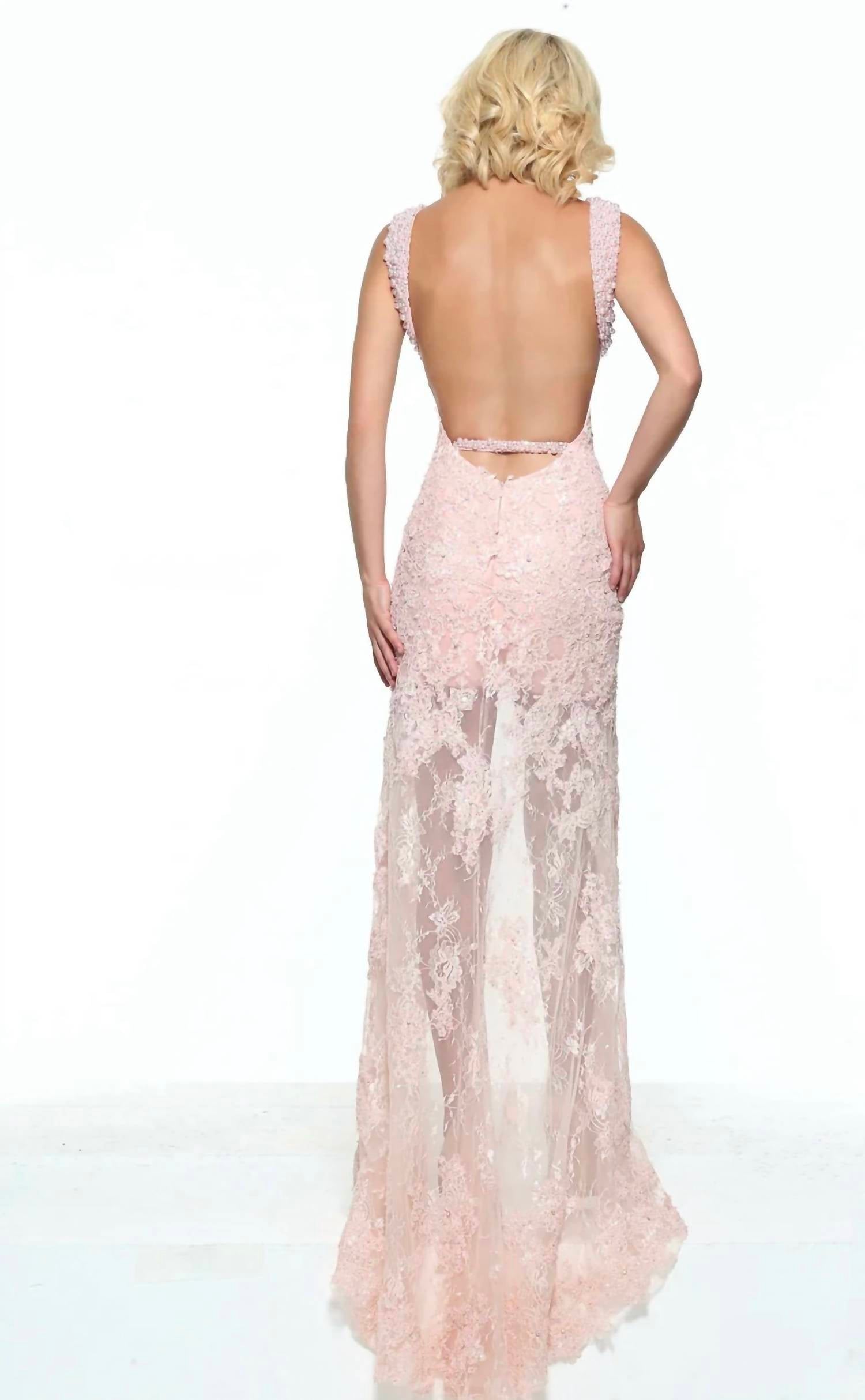 Sherri Hill Lace High Low Open Back Pearl Neckline Maxi Dress in blush - women's dress - alternate view