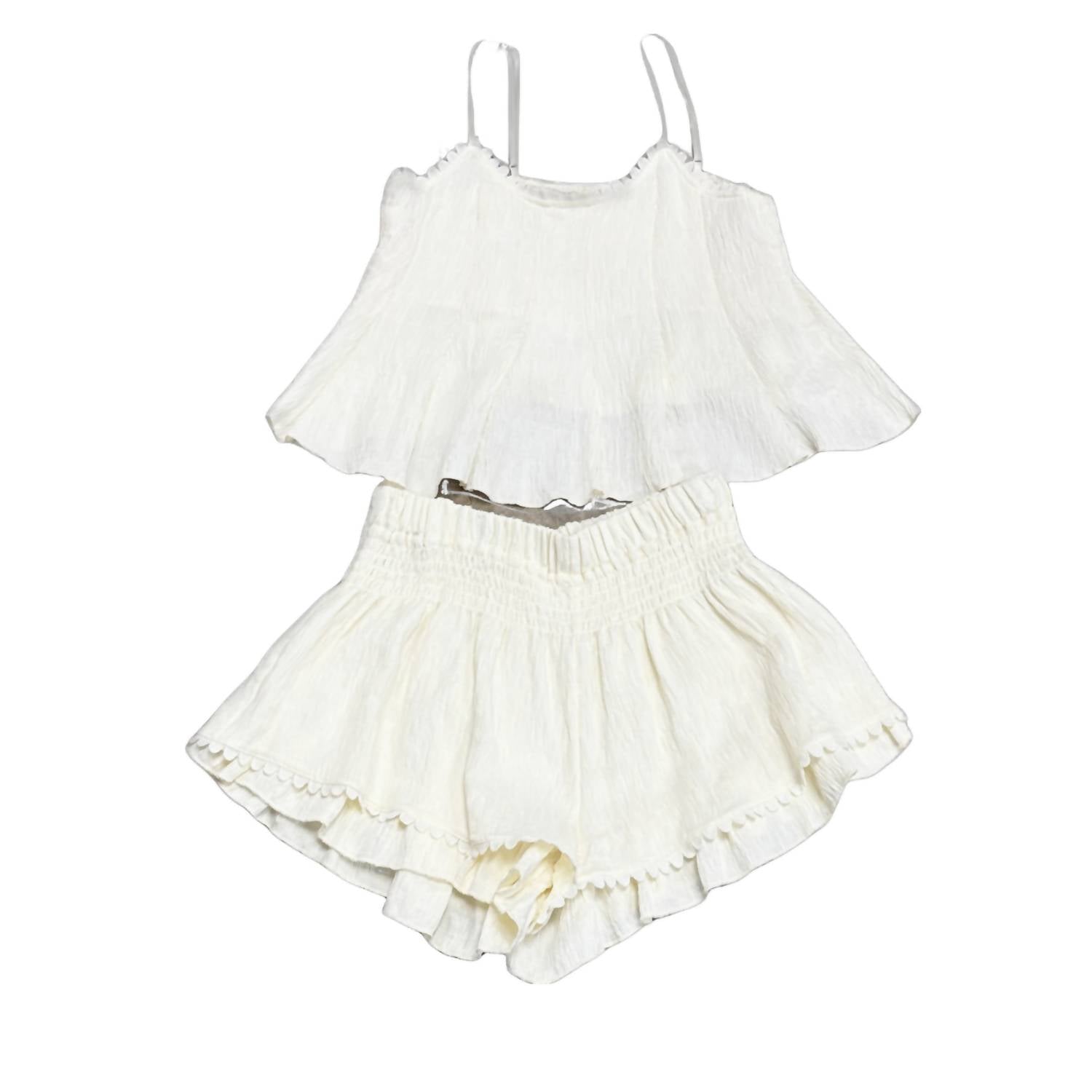 Umgee - Women's Sleeveless Spaghetti Strap Top & Ruffle Scalloped Shorts