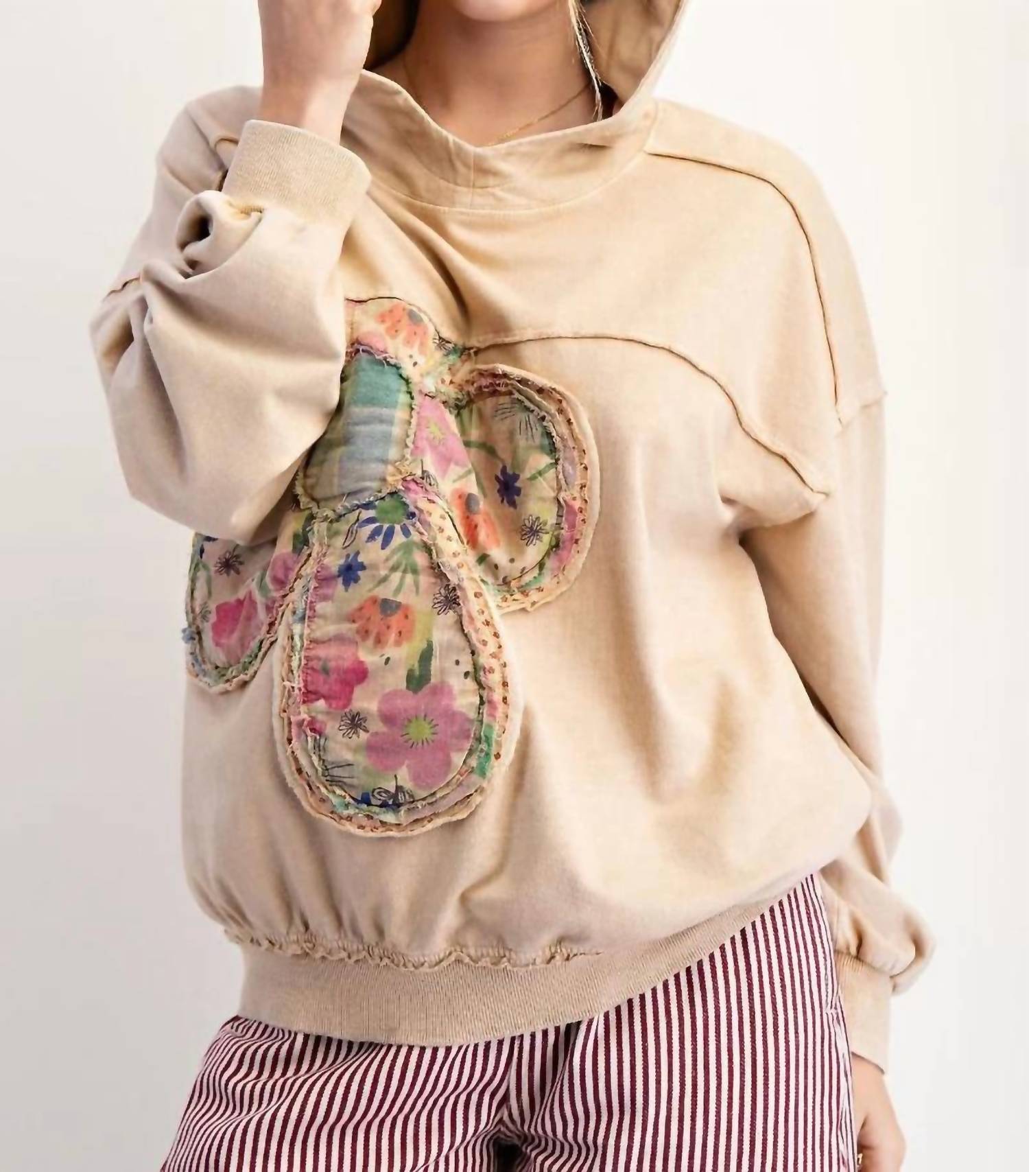 Easel - Women's Flower Patch Washed Terry Pullover Hoodie