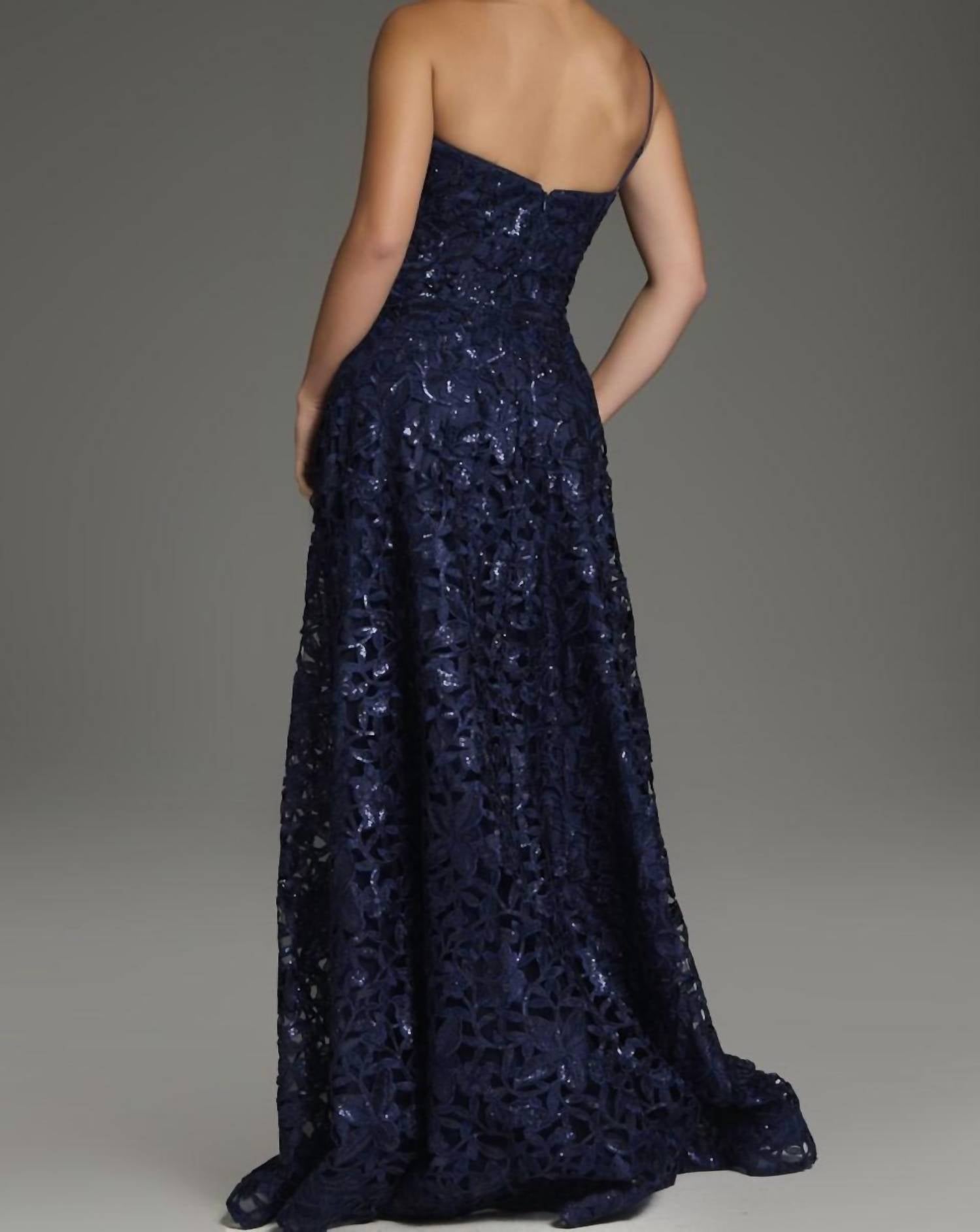 JOVANI One-shoulder Floral Lace A-line Gown in navy - women's dress - alternate view