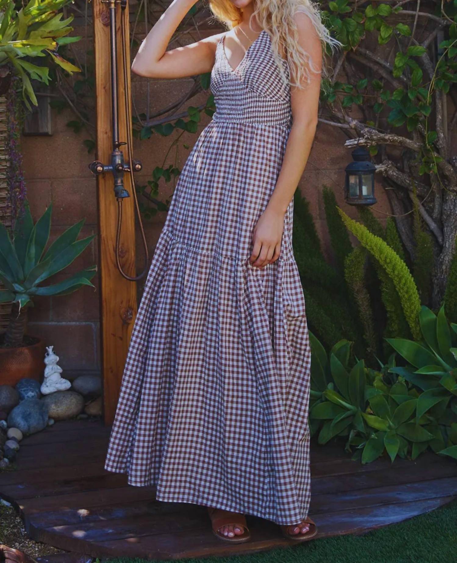 BUCKETLIST Driftwood Gingham Smocked Bodice Maxi Dress in brown - women's dress - detail view