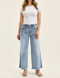 Judy Blue Ankle Hollywood Waistband Fray Hem Wide Leg Jeans in denim - women's jeans