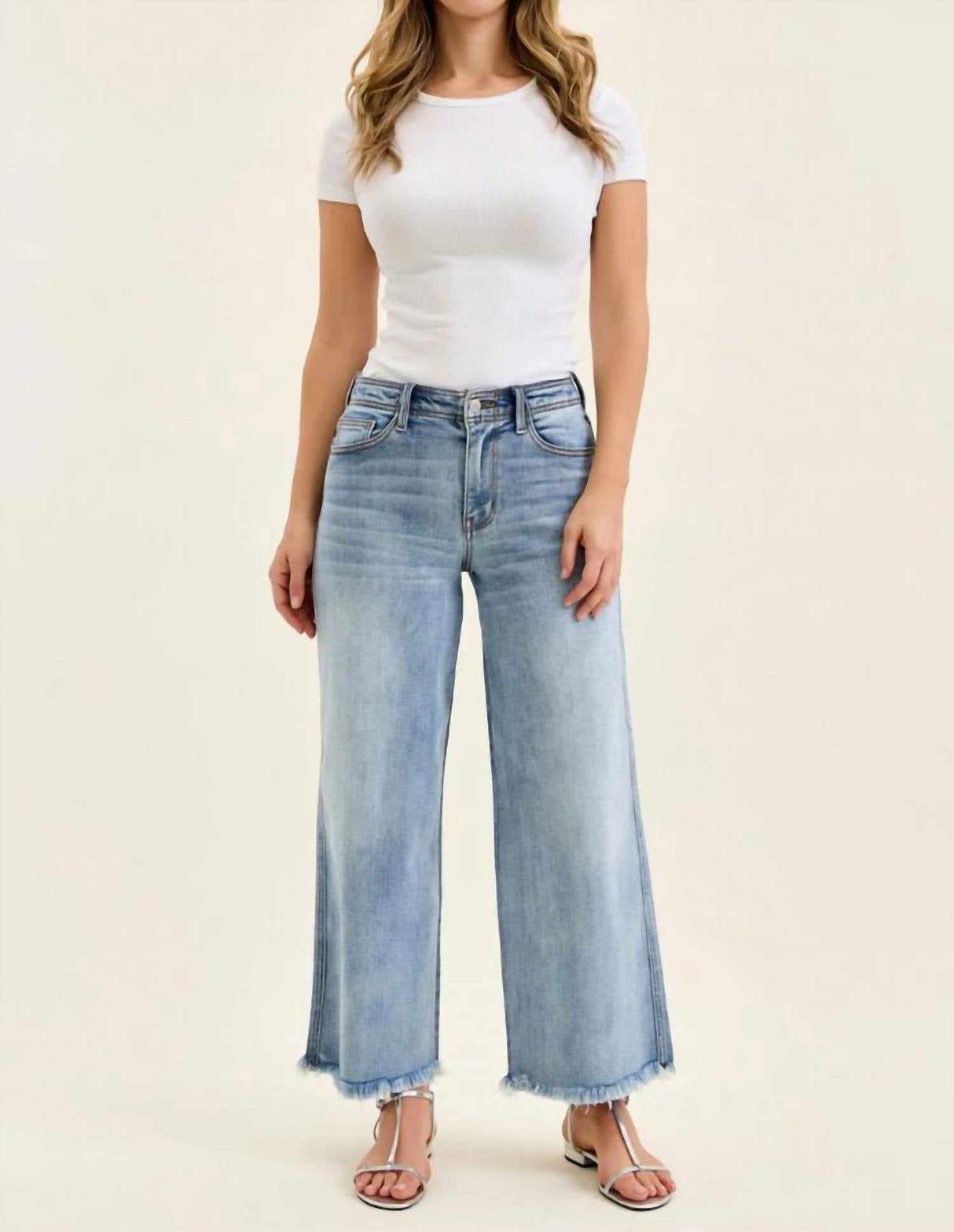 Judy Blue Ankle Hollywood Waistband Fray Hem Wide Leg Jeans in denim - women's jeans