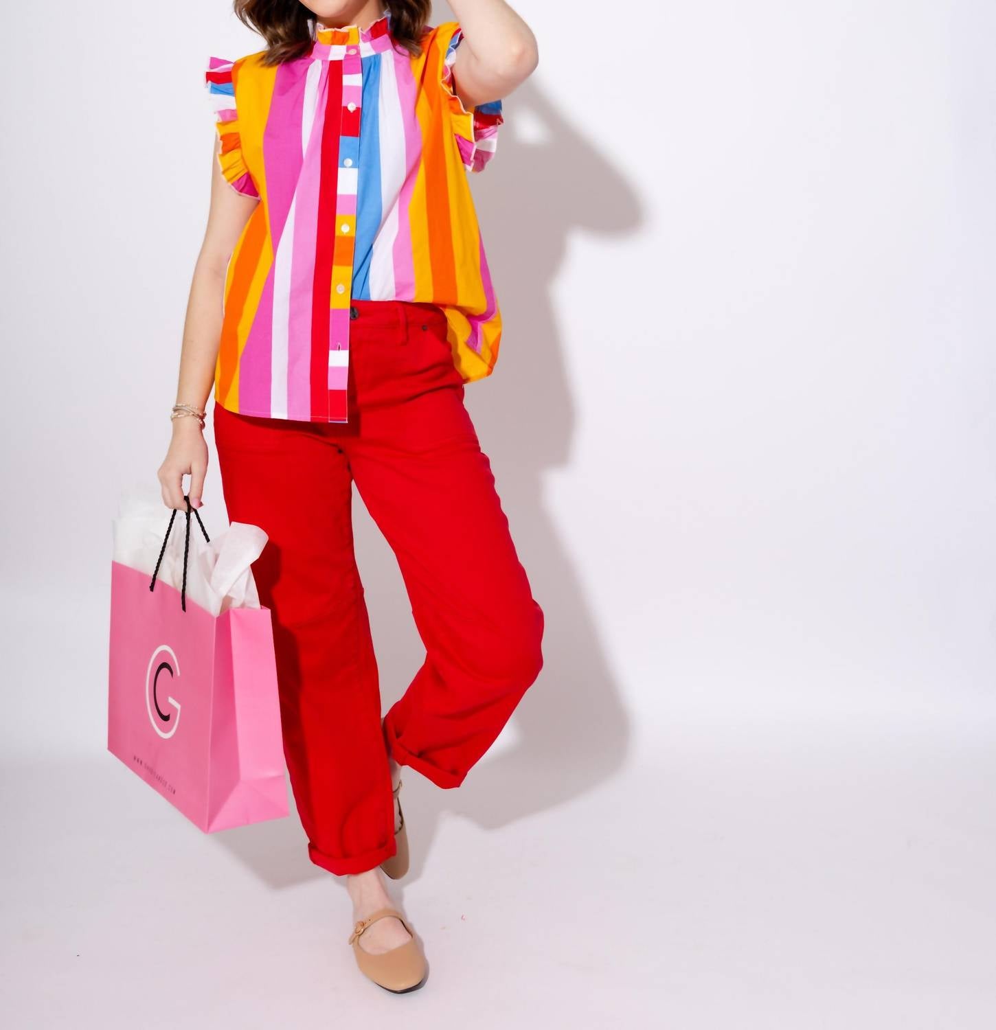 THML Color Pop Stripe Flutter Sleeve Top in sunset - women's blouse - alternate view